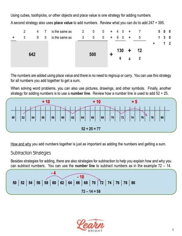This is a content page for the Addition and Subtraction Strategies lesson plan. There are a couple graphics showing number line strategies for adding or subtracting. The orange Learn Bright logo is at the bottom of the page.