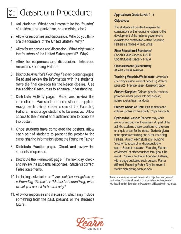 This is the teachers guide page for the Americas Founding Fathers lesson plan. The orange Learn Bright logo is at the bottom of the page.