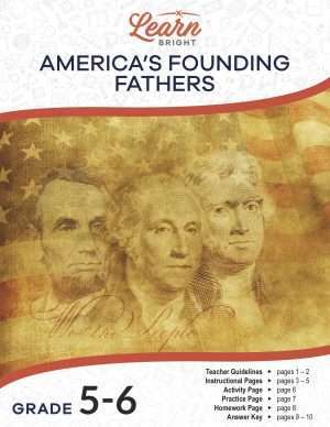 This is the title page for the Americas Founding Fathers lesson plan. The main image is a sepia faded picture of three American presidents and the U.S. flag. The orange Learn Bright logo is at the top of the page.