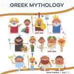 This is the title page for the Greek Mythology lesson plan. There are graphics of cartoons dressed up in various ancient Greek attire. The orange Learn Bright logo is at the top of the page.
