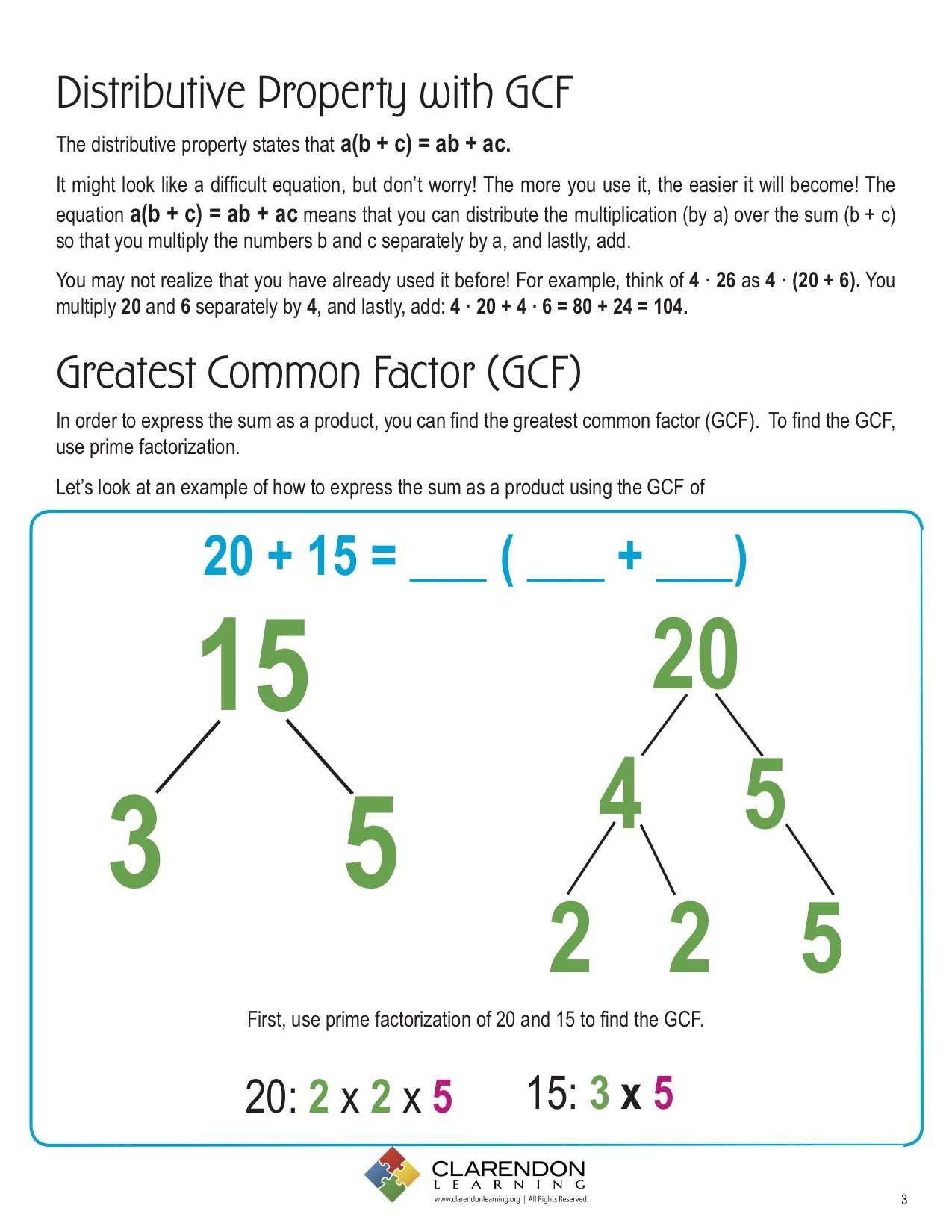 Distributive Property with GCF - Learn Bright Inside Greatest Common Factor Worksheet