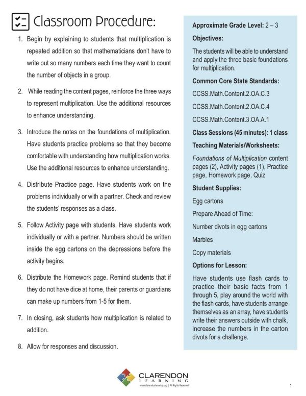 Foundations of Multiplication Teachers Guide