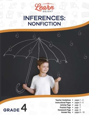 This is the title page for the Inferences – Nonfiction – Grade 4 lesson plan. The main image shows a boy in front of a chalkboard that has a picture of an umbrella drawn on it. It looks as if the boy is holding the umbrella. The orange Learn Bright logo is at the top of the page.