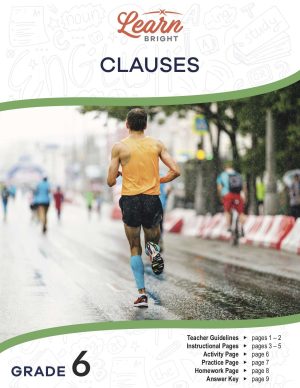 This is the title page for the Clauses lesson plan. The main image is of a person running in a race. The orange Learn Bright logo is at the top of the page.