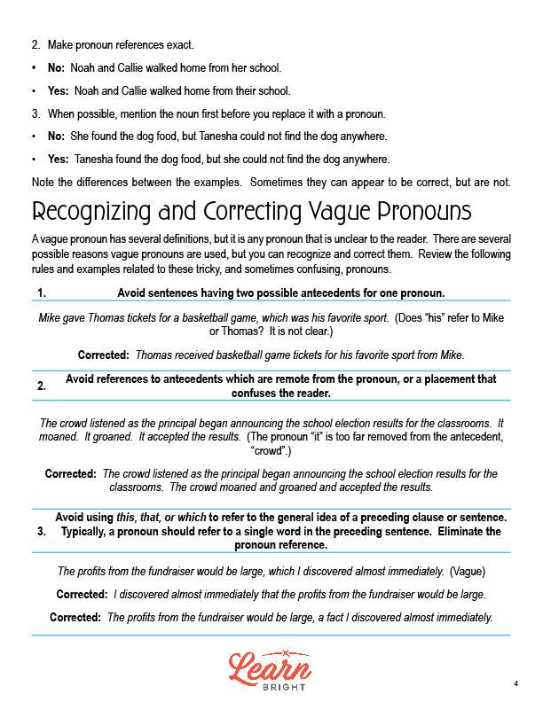 Correcting Vague Pronouns Free PDF Download Learn Bright