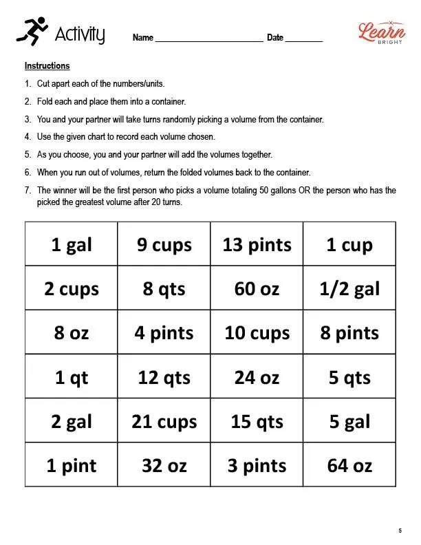 Convert between Cups, Pints, Quarts, and Gallons Worksheets