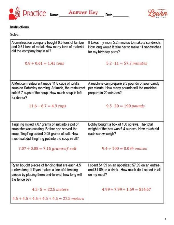 Decimal Word Problems, Free PDF Download - Learn Bright