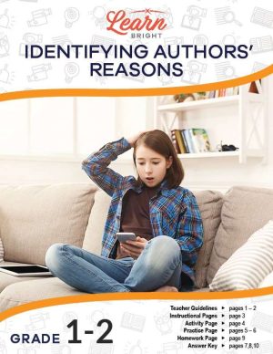 This is the title page for the Identifying Authors' Reasons lesson plan. There is a picture of a girl looking at her phone while she sits on a couch.