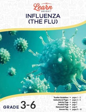This is the title page for the Influenza (The Flu) lesson plan. There is a graphic of what a flu virus looks like. The orange Learn Bright logo is at the top of the page.
