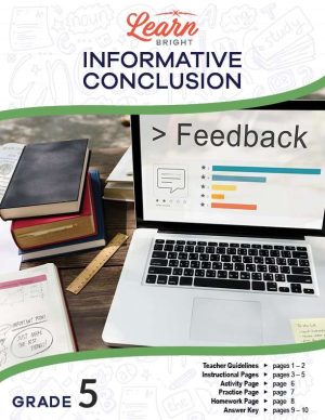 This is the title page for the Informative Conclusion lesson plan. There is a picture of a laptop, a stack of books, a short ruler, and an open notepad with notes on it. The orange Learn Bright logo is at the top of the page.