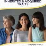 This is the title page for the Inherited and Acquired Traits lesson plan. A photo of a woman is in the middle with her mother and daughter to either side, showing a generational picture. The orange Learn Bright logo is at the top of the page.
