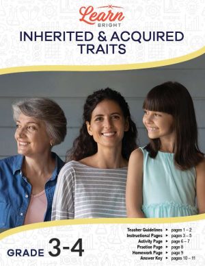 This is the title page for the Inherited and Acquired Traits lesson plan. A photo of a woman is in the middle with her mother and daughter to either side, showing a generational picture. The orange Learn Bright logo is at the top of the page.