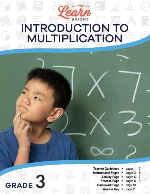 This is the title page for the Introduction to Multiplication lesson plan. The main image shows a boy thinking next to a chalkboard with multiplication problems written on it. The orange Learn Bright logo is at the top of the page.