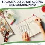 This is the title page for the Italics, Quotation Marks, and Underlining lesson plan. There is a picture of a person writing in their diary. The orange Learn Bright logo is at the top of the page