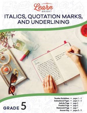 This is the title page for the Italics, Quotation Marks, and Underlining lesson plan. There is a picture of a person writing in their diary. The orange Learn Bright logo is at the top of the page