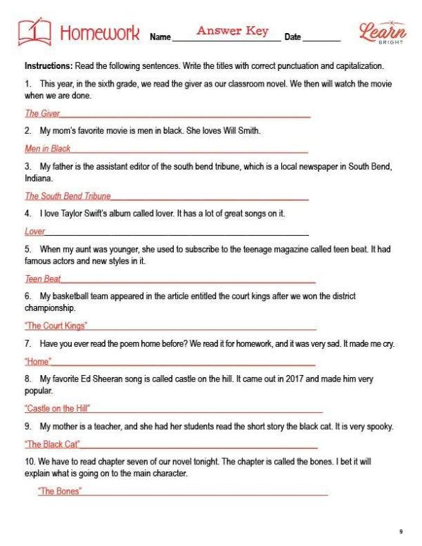 This is the answer key for the homework assignment for the Italics, Quotation Marks, and Underlining lesson plan. The orange Learn Bright logo is in the top-right corner of the page.