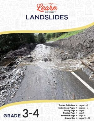 This is the title page for the Landslides lesson plan. There is a picture of mud and water that's blocking a road. The orange Learn Bright logo is at the top of the page.