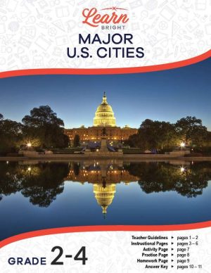 This is the title page for the Major U.S. Cities lesson plan. There is a photo of the Capitol Building across the pond, showing its reflection in the water. The orange Learn Bright logo is at the top of the page.