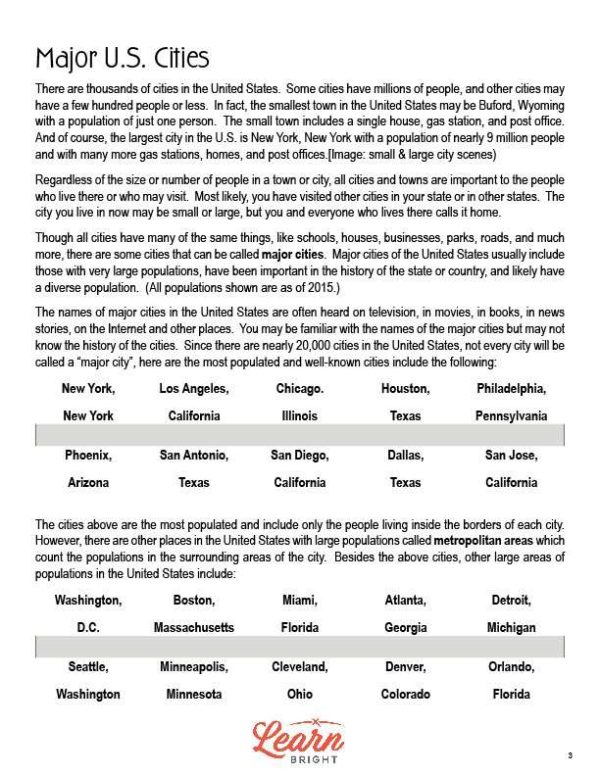 This is a content page for the Major U.S. Cities lesson plan. The orange Learn Bright logo is at the bottom of the page.