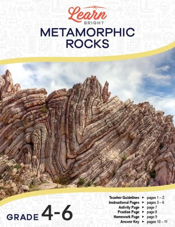 This is the title page for the Metamorphic Rocks lesson plan. There is an image of a wall of metamorphic rock. The orange Learn Bright logo is at the top of the page.