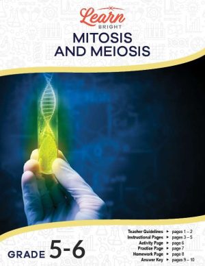 This is the title page for the Mitosis and Meiosis lesson plan. There is an image of someone holding a vial with a leaf in it and a double helix flowing out of it. The orange Learn Bright logo is at the top of the page.