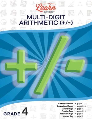 This is the title page for the Multi-Digit Arithmetic – Addition and Subtraction lesson plan. There is a graphic of the +/– symbols. The orange Learn Bright logo is at the top of the page.
