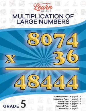 This is the title page for the Multiplication of Large Numbers lesson plan. There is a graphic displaying 8074 x 36 = 48444. The orange Learn Bright logo is at the top of the page.