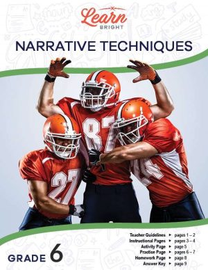This is the title page for the Narrative Techniques lesson plan. The image is of a few football players. The orange Learn Bright logo is at the top of the page.