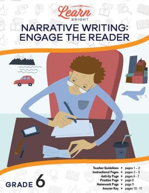 This is the title page for the Narrative Writing – Engage the Reader lesson plan. There is a graphic of a person sitting at a desk. Icons of different things, such as a mountain and a car, are floating around his head to represent the ideas he is thinking about. The orange Learn Bright logo is at the top of the page.