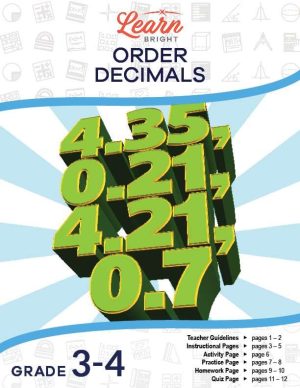 This is the title page for the Order Decimals lesson plan. There is a picture of several numbers with decimals in them. The orange Learn Bright logo is at the top of the page.