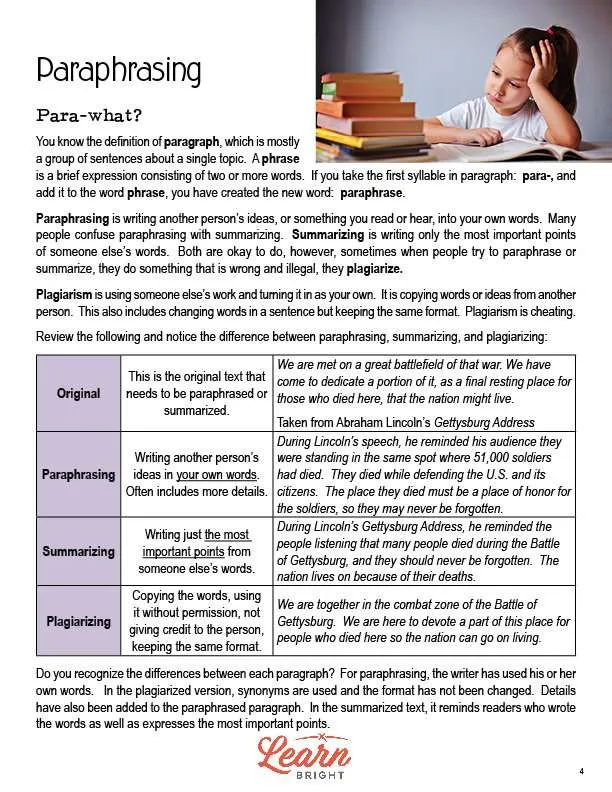 paraphrasing practice middle school pdf