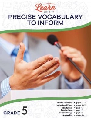 This is the title page for the Precise Vocabulary to Inform lesson plan. The main image is a close-up focusing on someone's hand. The person is supposedly speaking in a public setting. The orange Learn Bright logo is at the top of the page.