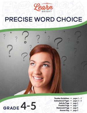 This is the title page for the Precise Word Choice lesson plan. The main image is of a girl trying to think of the right word. The orange Learn Bright logo is at the top of the page.