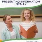 This is the title page for the Presenting Information Orally lesson plan. The main image is of a girl giving an oral presentation in class. The orange Learn Bright logo is at the top of the page.