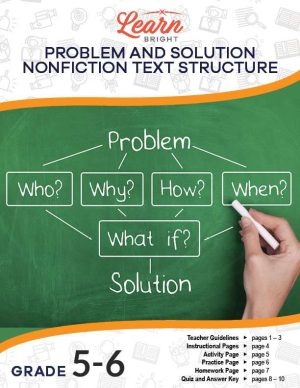 This is the title page for the Problem and Solution Nonfiction Text Structure lesson plan. There is an image of a chalkboard where someone has written a problem-solution flow chart of some kind. The orange Learn Bright logo is at the top of the page.