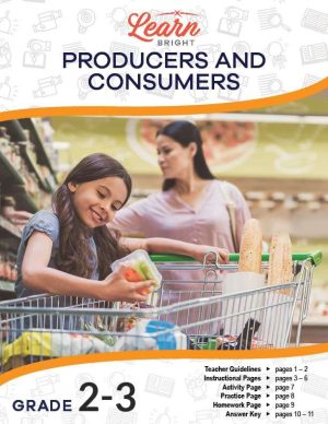This is the title page for the Producers and Consumers lesson. The main image is of a girl at a grocery store holding a carton of celery and carrots and reading the label. The orange Learn Bright logo is at the top of the page.