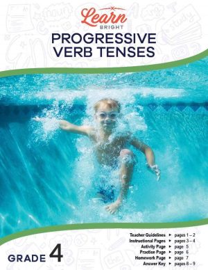 This is the title page for the Progressive Verb Tenses lesson plan. The image is of a boy who just jumped into a pool. The orange Learn Bright logo is at the top of the page.