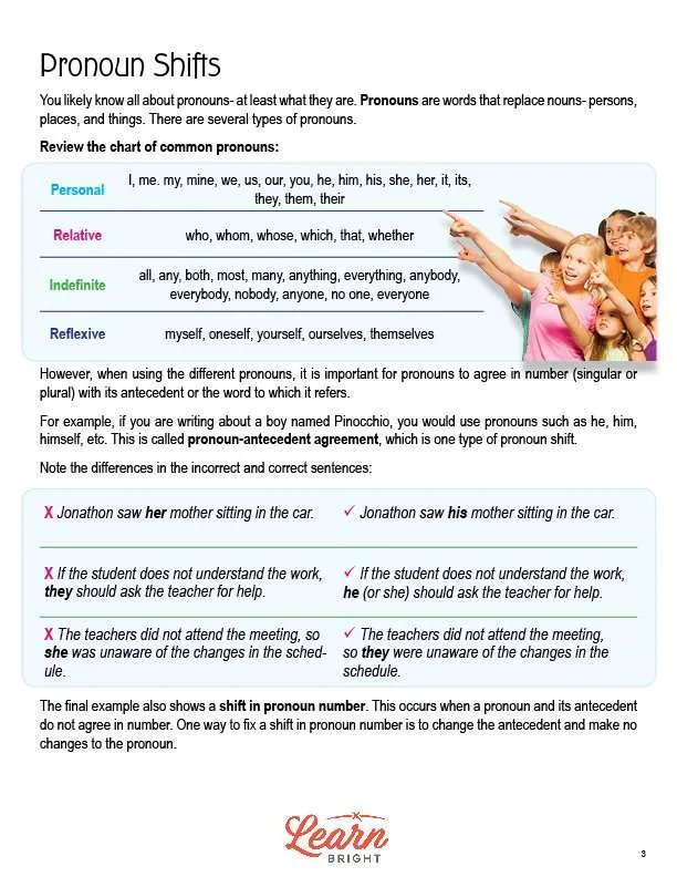 Shifts In Pronouns Worksheet 6th Grade