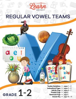 This is the title page for the Regular Vowel Teams lesson plan. The main image is a collection of illustrations around a big, blue "v" shape. The illustrations represent words that start with v. The orange Learn Bright logo is at the top of the page.