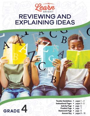 This is the title page for the Reviewing and Explaining Ideas lesson plan. The main image is of three kids reading books and random letters floating around them. The orange Learn Bright logo is at the top of the page.