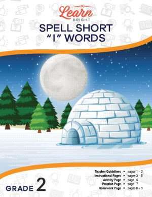 This is the title page for the Short "i" Spelling Words lesson plan. The main image is of an igloo at night with green pine trees and a big moon in the background. The orange Learn Bright logo is at the top of the page.
