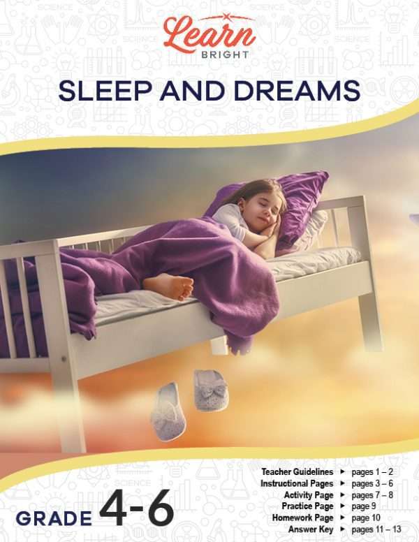 This is the title page for the Sleep and Dreams lesson plan. The main image is of a girl sleeping in a bed that is floating in the clouds. The orange Learn Bright logo is at the top of the page.