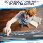 This is the title page for the Solve Equations with Whole Numbers lesson plan. The main image is of a boy holding a book and writing on a chalkboard. The orange Learn Bright logo is at the top of the page.