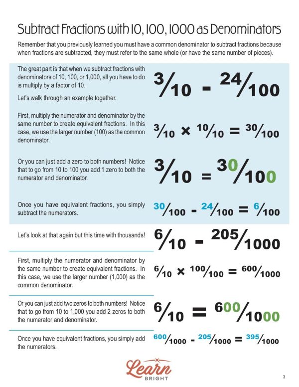 This is a content page for the Subtract Fractions lesson plan. There are lots of fractions displayed on the page. The orange Learn Bright logo is at the bottom of the page.