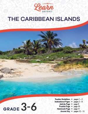 This is the title page for the The Caribbean Islands lesson plan. The main image shows a photo of an island with palm trees, white sand, and turquoise water. The orange Learn Bright logo is at the top of the page.