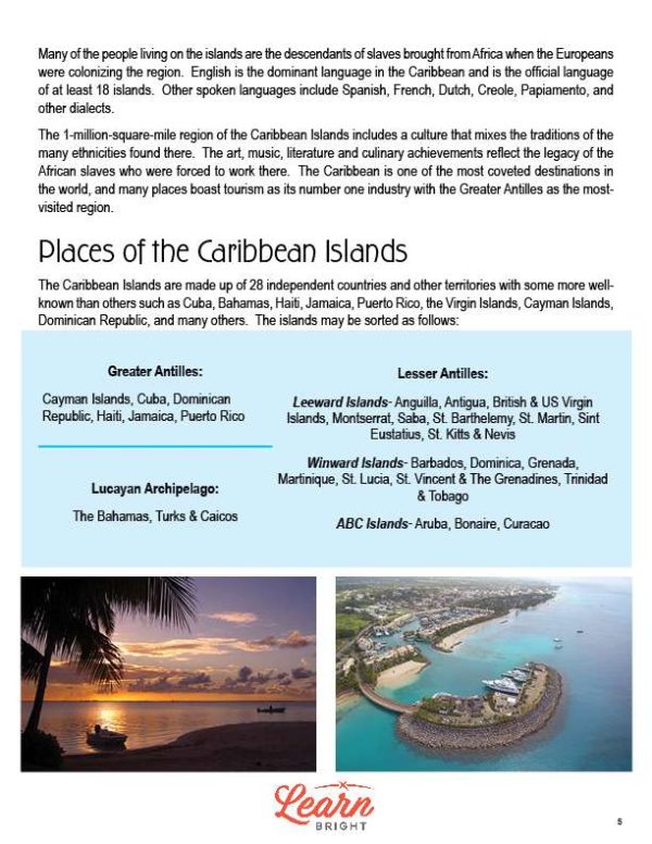 This is a content page for the Caribbean Islands lesson plan. There is a photo of a sunset over the ocean. There is another image of an aerial view of one of the Caribbean islands. The orange Learn Bright logo is at the bottom of the page.