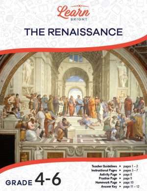 This is the title page of the The Renaissance lesson plan. The main image is of the painting called "The School of Athens" by the artist Raphael. The orange Learn Bright logo is at the top of the page.