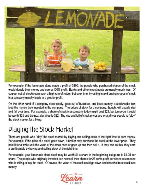 This is a content page for the The Stock Market lesson plan. There is a picture of two boys selling lemonade from a lemonade stand. The orange Learn Bright logo is at the bottom of the page.