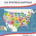 This is the title page for the U.S. States and Capitals lesson plan. There is a picture of the USA divided by states. The states all have their two-letter abbreviation. The orange Learn Bright logo is at the top of the page.