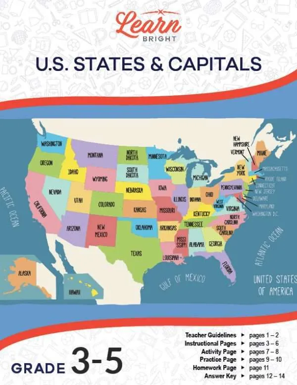 This is the title page for the U.S. States and Capitals lesson plan. There is a picture of the USA divided by states. The states all have their two-letter abbreviation. The orange Learn Bright logo is at the top of the page.